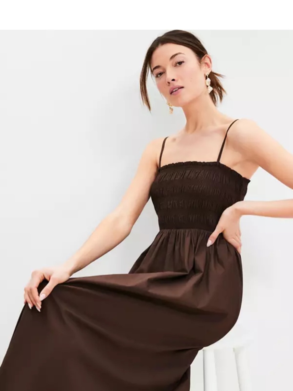 LOFT Poplin Smocked Strappy Midi Dress